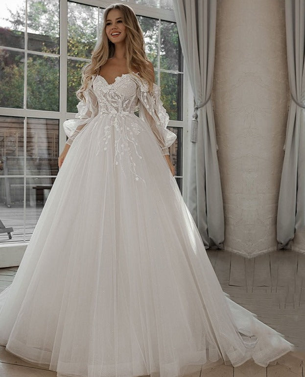 Off Shoulder Long Sleeve Lace Tulle Ball Gown Wedding Dresses , AB1507 –  AlineBridal