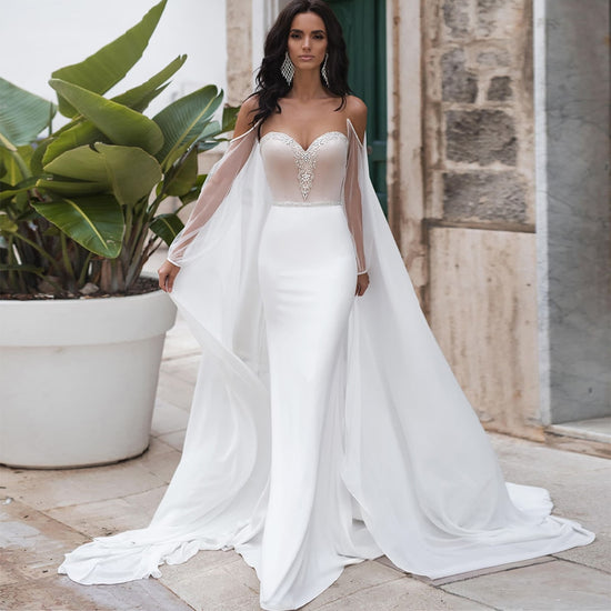 Satin Mermaid Wedding Dress Illusion O Neck Detachable Shawl Bridal Gown