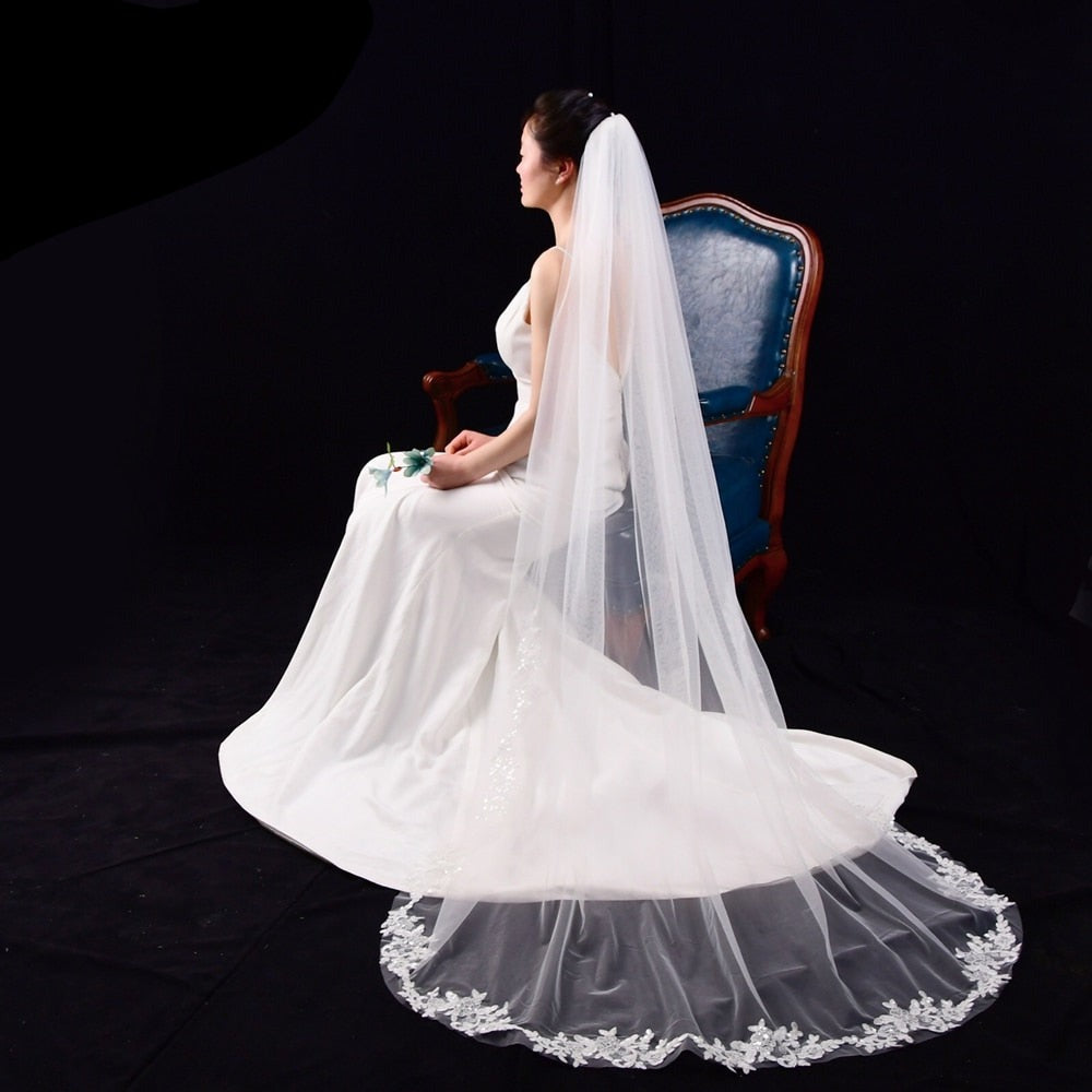 Lace Trim Long Ivory Tulle Wedding Veils – loveangeldress