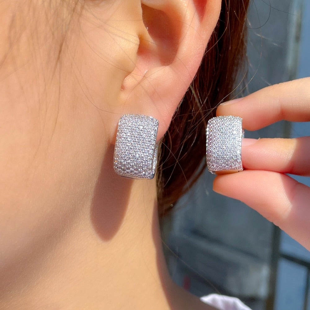 
                      
                        Double Sided Micro Paved Cubic Zirconia White Gold Color Rectangle Hoop Earrings
                      
                    