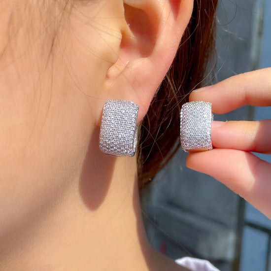 Double Sided Micro Paved Cubic Zirconia White Gold Color Rectangle Hoop Earrings