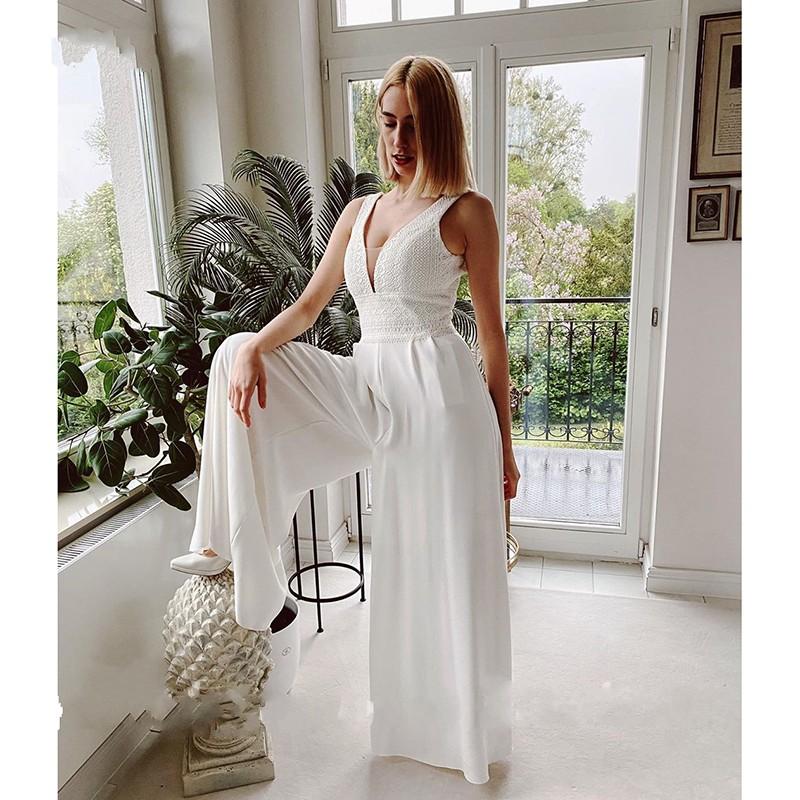 Berta 2023 Long Sleeve Wedding Pantsuit With Train Full Back Sexy V-neck  Matte Stain Custom Make Bridal Jumpsuit Wedding Gown