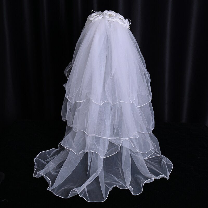 White Flower Pearl Bridal Veil 4 Ribbon Edge Wedding Veil With Comb