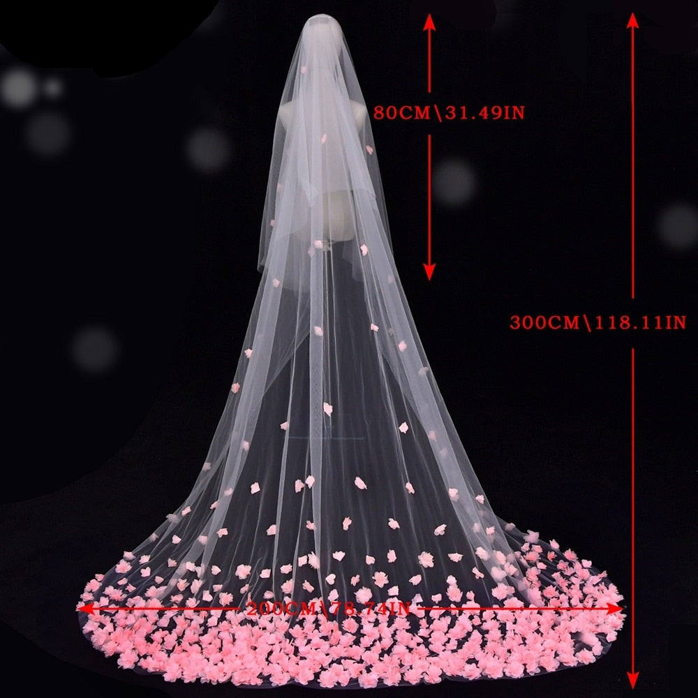 3D Pink Flower Wedding Veil Long Bridal With Blusher Cathedral  Veil
