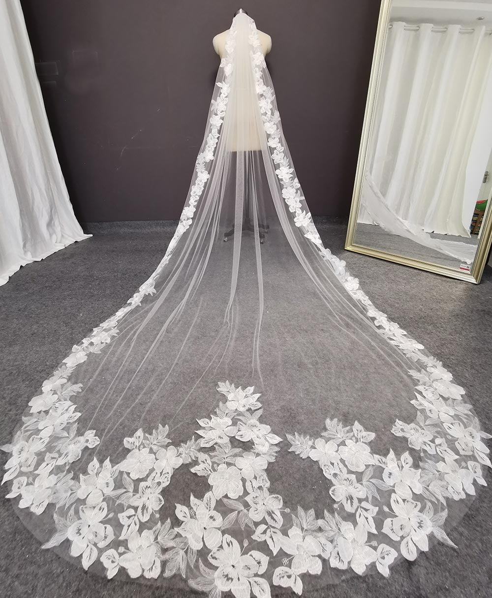 Tulle Flower Lace Cathedral Wedding Veil 3 Meters 1 Layer Bridal Veil