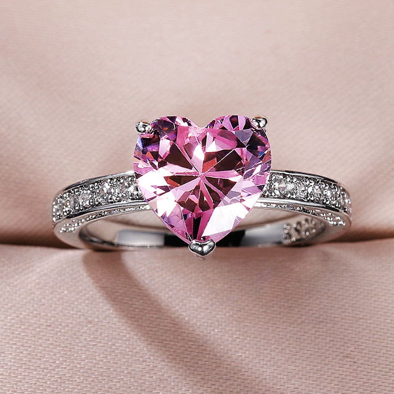 Luxury Solitaire Women Heart  Ring AAA Pink Cubic Zirconia Girlfriend Gift