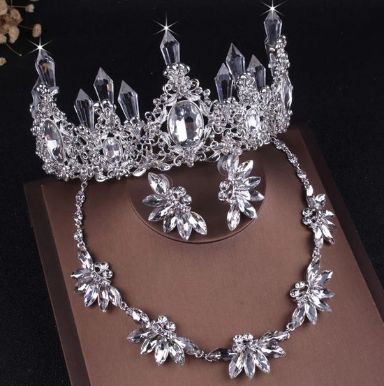Noble Purple Crystal Necklace Earrings Crown Tiara Jewelry Set Party Accessories