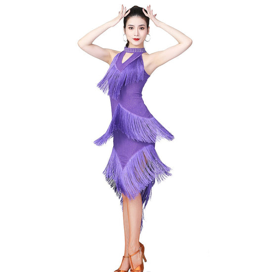 Load image into Gallery viewer, Dazzling Dance Salsa Samba Dress High Neck Spandex Fringes Latin Sleeveless
