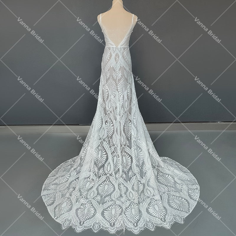 
                      
                        Beach Wedding Mermaid Bridal Gown Deep V-Neck Rustic Lace Dress
                      
                    