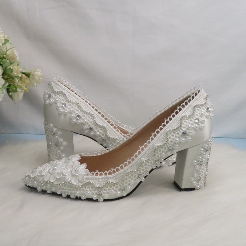 Thick Heel Pointed Toe Wedding Shoes High Heels Ladies Fashion Pumps