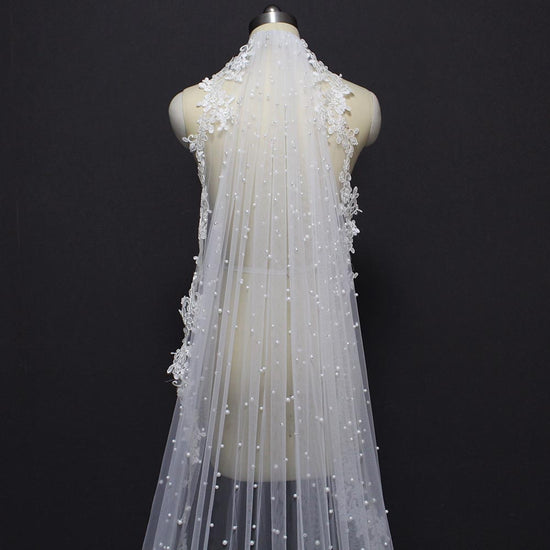 One Layer Lace Edge with Pearls 2.5 Meters Long Bridal Veil
