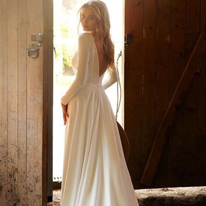 Long Sleeve Satin Deep V Neck Bridal Gown Backless Sweep Train Wedding Dress