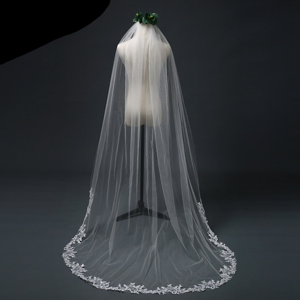 Chapel Length Wedding Veil with Lace Edge White/Ivory Long  Bridal Veil