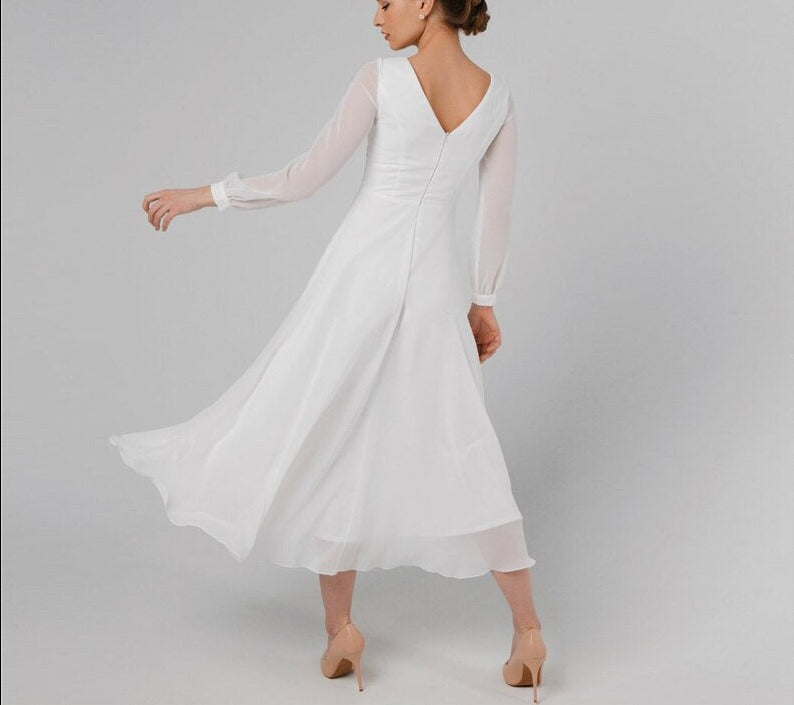 Load image into Gallery viewer, Tea-Length A-Line Long Sleeve Chiffon Beach Bridal Reception Wedding Dress
