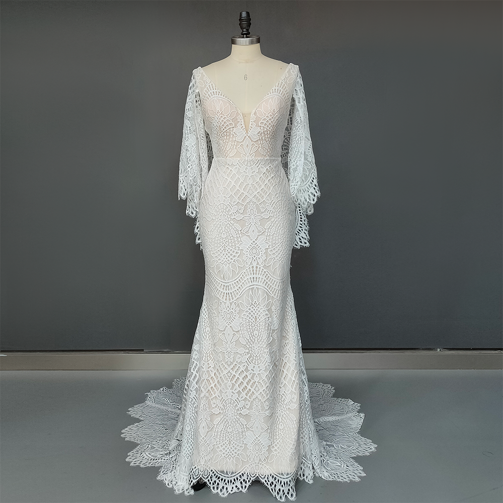 Cascading Flutter Sleeve Lace Wedding Dress V Neckline Rustic Boho Mermaid Bridal Gown