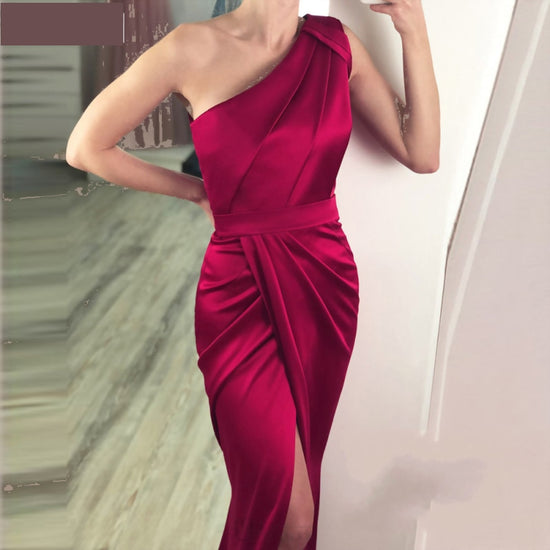 Load image into Gallery viewer, One Shoulder Satin Side Split Evening Mermaid Dress  Formal Party Gown
