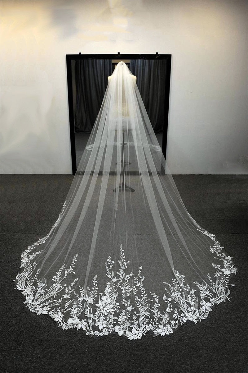 FantasyBride Store Elegant Floral White Ivory Long Lace Bridal Wedding Cathedral Veil White / 350cm