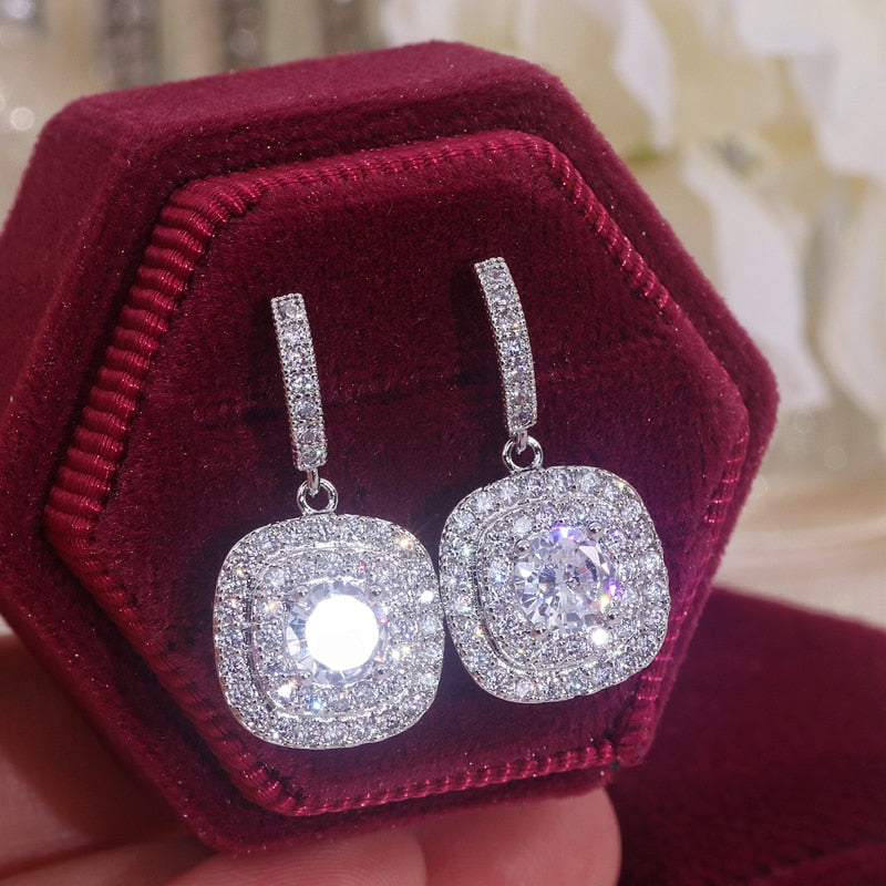 Square Shape Drop Earrings Shiny Cubic Zirconia Crystal Wedding Jewelry