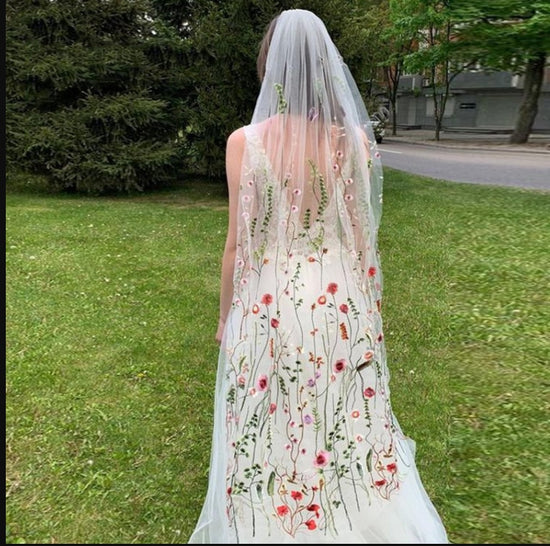 Shop518680 Store Bridal Colorful Flower Lace Veil Boho Floral Embroidery Face Covering Wedding Veil