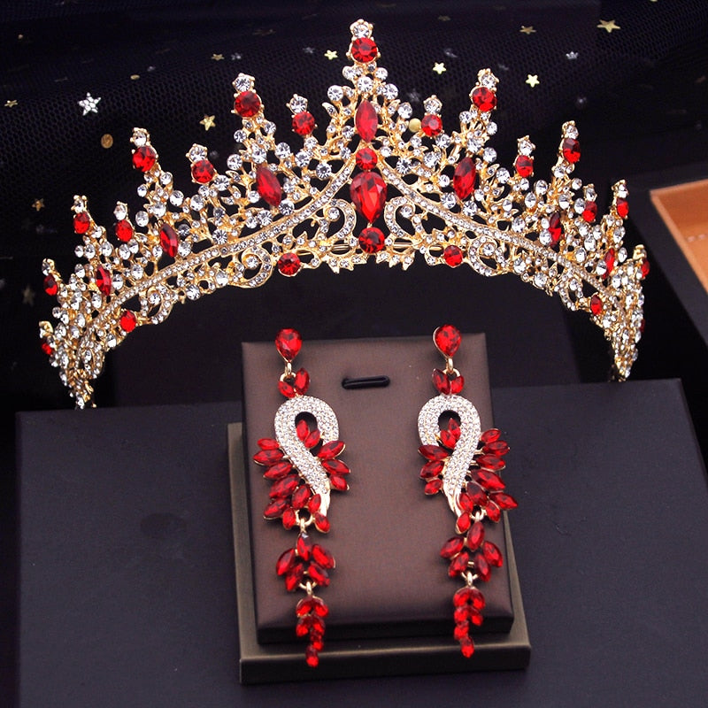 Luxury Red Bridal Wedding Crown With Earrings Evening Jewelry Accessories