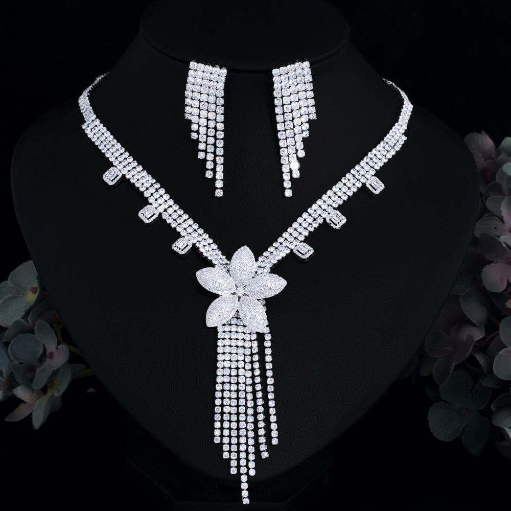 Super Luxury Shiny Cubic Zirconia Big Flower Dangle Tassel Party Necklace  Jewelry Set