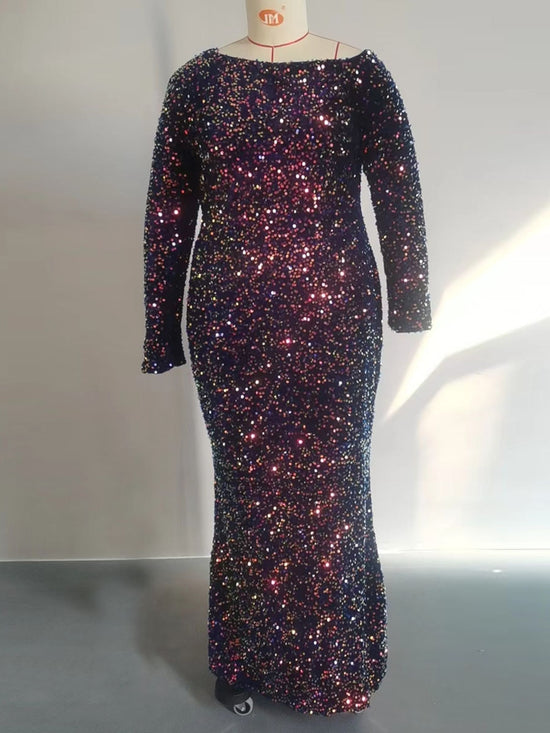 Plus Size Formal Dress Sequin Long Sleeve Large Maxi Evening Party Gown