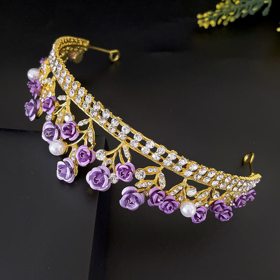 Load image into Gallery viewer, Purple Rose Flower Tiara Crown Pearl Crystal Party Hair Accessory
