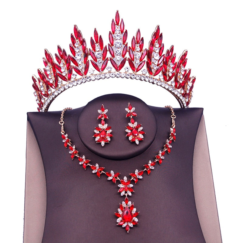 Cenmon Fashion Colors Bridal Jewelry Sets with Tiaras Princess Wedding Crown Necklace Earrings Set Costume Accessories Red
