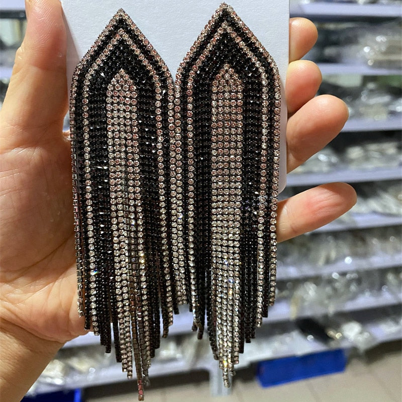 Load image into Gallery viewer, Fashion Full Rhinestone Drop Earrings Oversize Long Tassel Crystal Earrings

