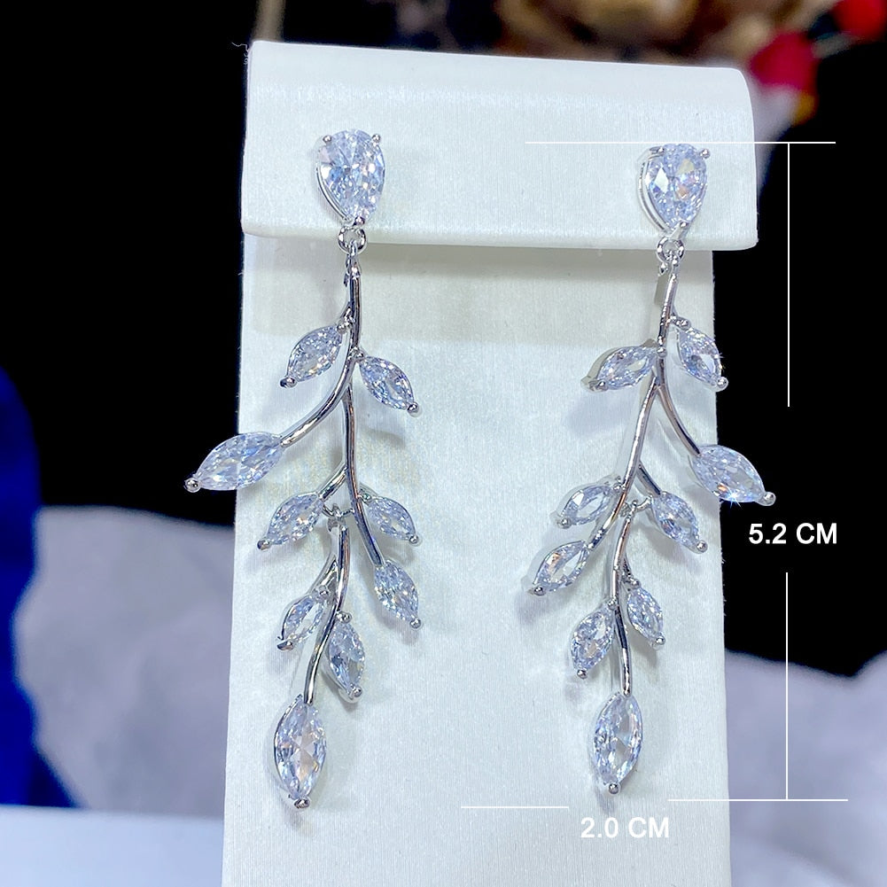 Sparkling Cubic Zirconia Long Draping Leaf Earrings Wedding  Jewelry Accessory