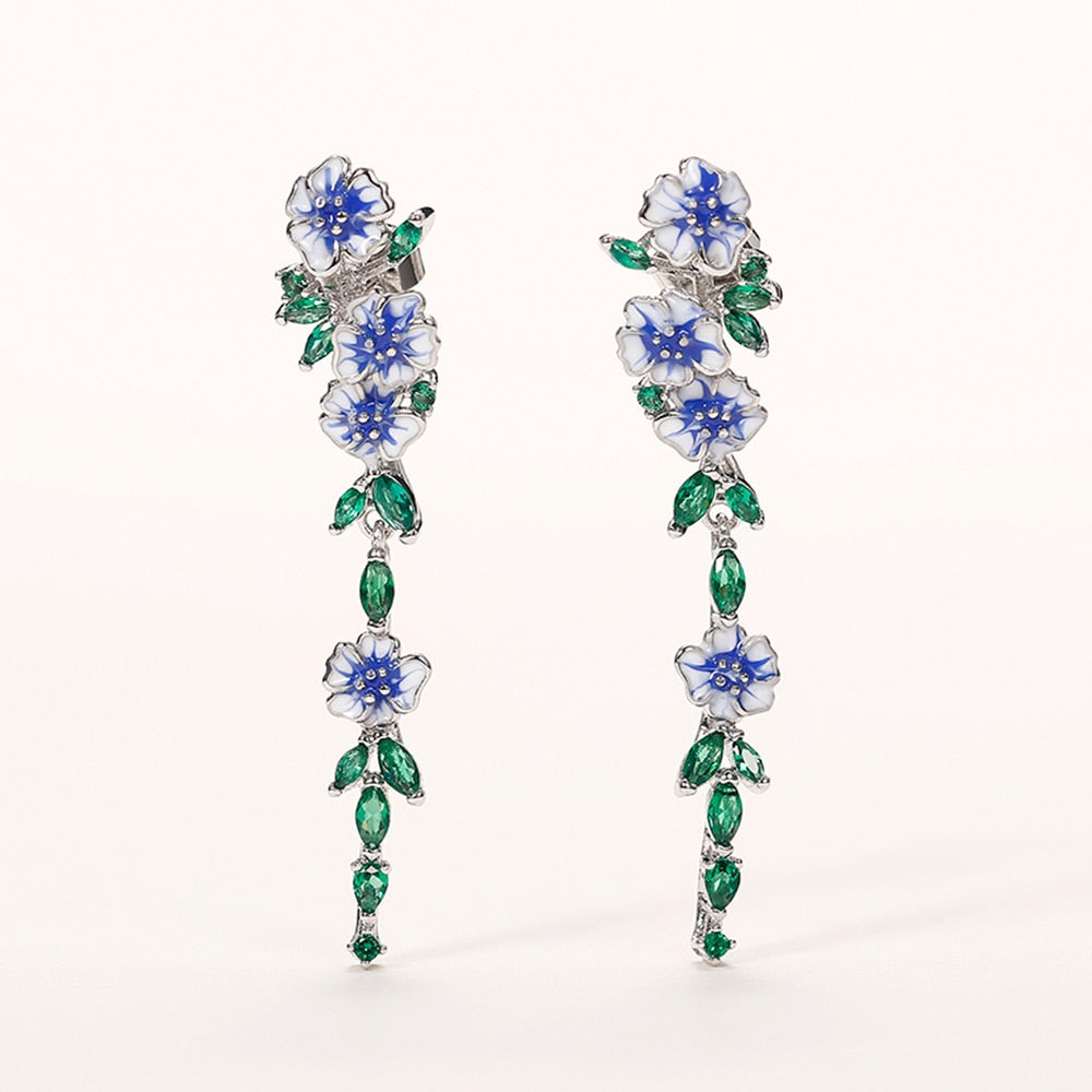 Load image into Gallery viewer, Vintage Enamel Flower Dangle Jewelry  Blue Trumpet Flower Long Earrings
