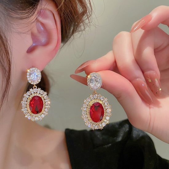 Load image into Gallery viewer, Unique Oval Red Cubic Zirconia Drop Earrings  Gold Color Statement Jewelry Accessory
