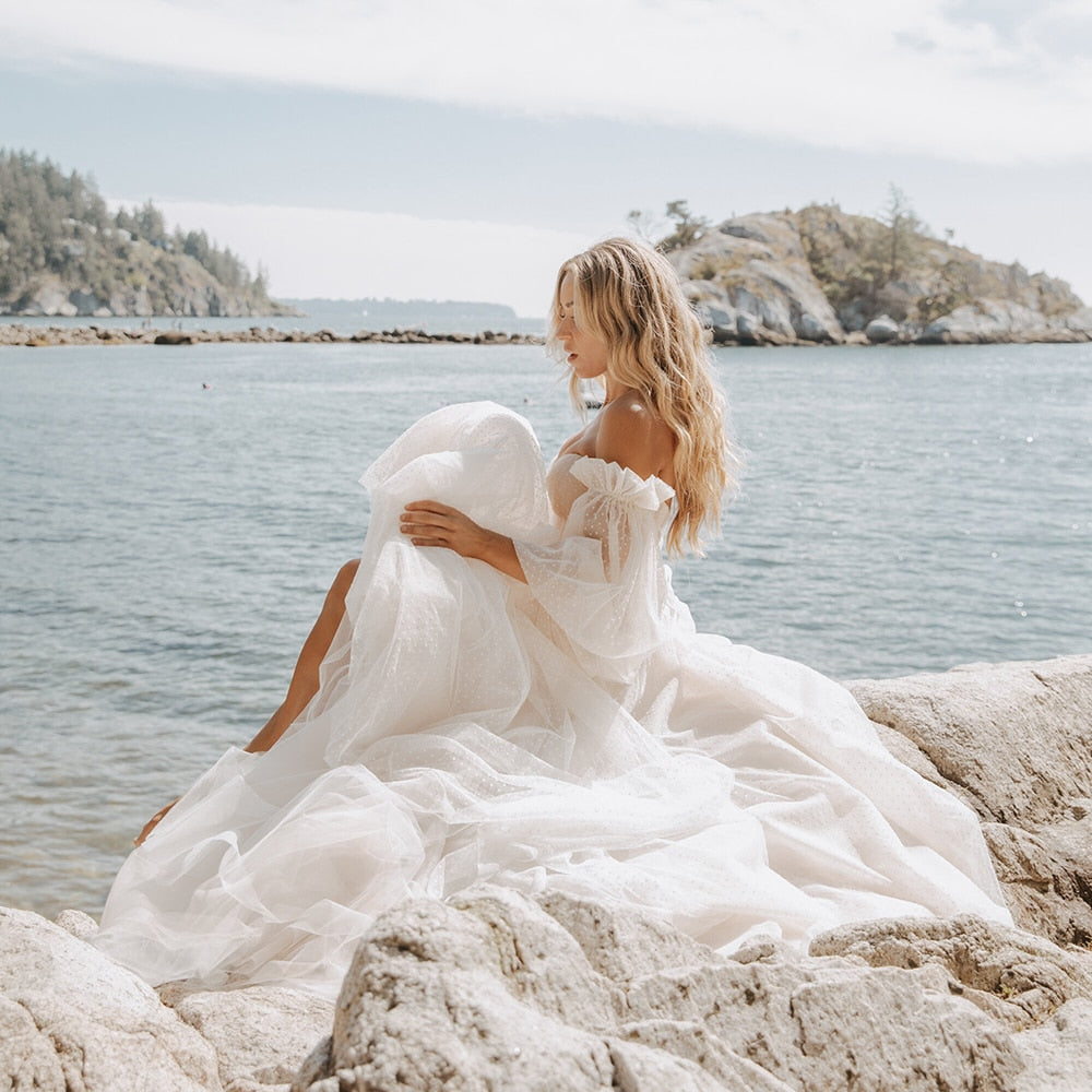 Lantern Sleeve Sweetheart Polka Dot Tulle A Line Wedding Dress