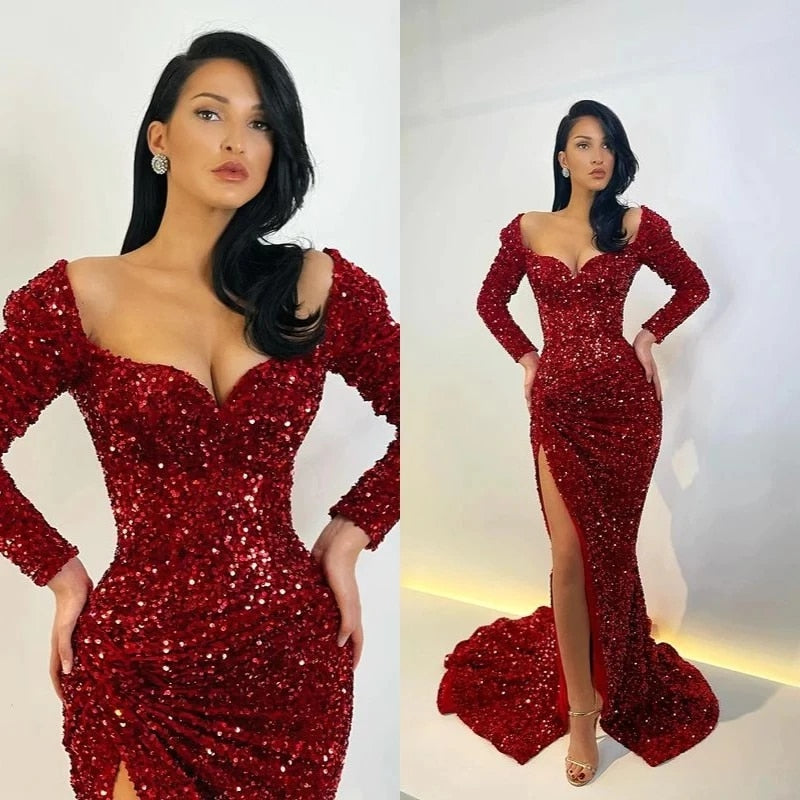 Long Sleeve Sequined Sweetheart Formal Party Maxi Gown