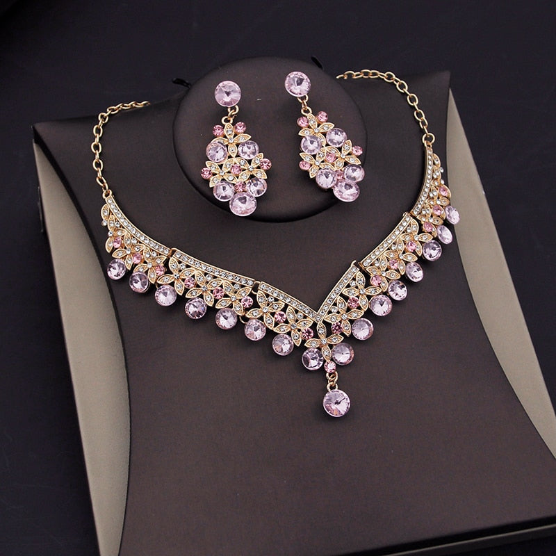 Load image into Gallery viewer, Luxury Pink Crystal  Jewelry Sets for Women Tiara Necklace &amp;amp; Earrings 4 Styles
