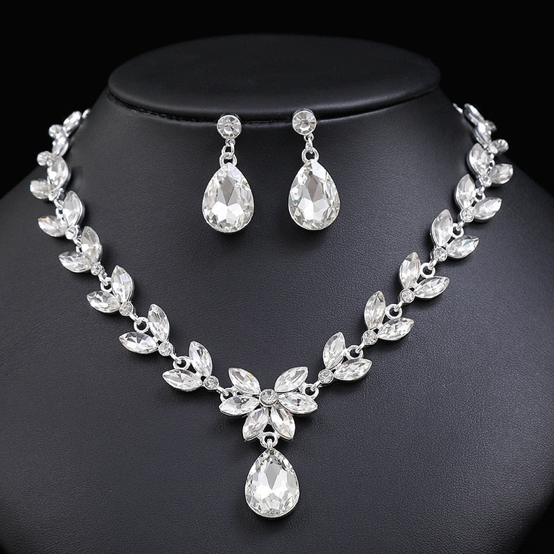 Load image into Gallery viewer, Silver Rhinestone Crystal Bridal Jewelry Set Earrings Necklace Wedding Set
