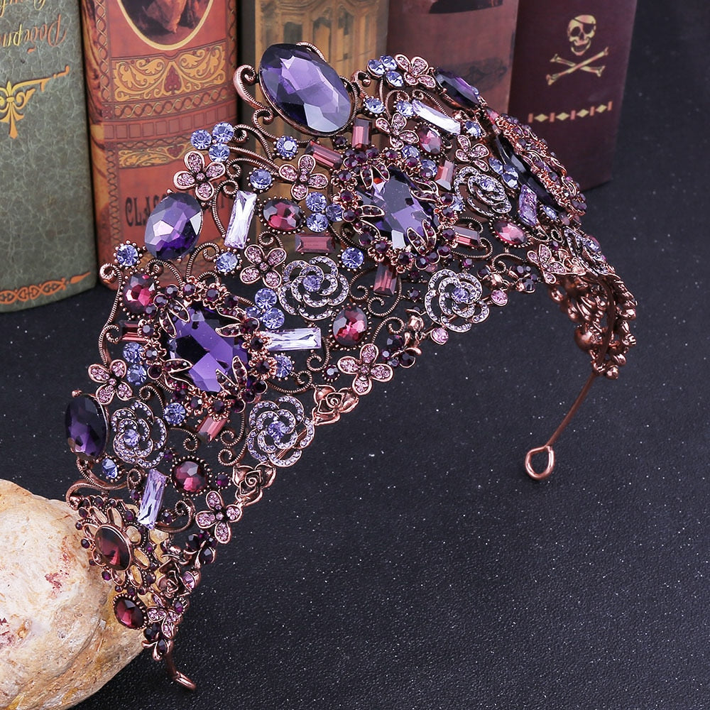 Baroque Luxury Purple Crystal Tiara Crown Bridal Wedding Gothic Party Hair Jewelry Accessory