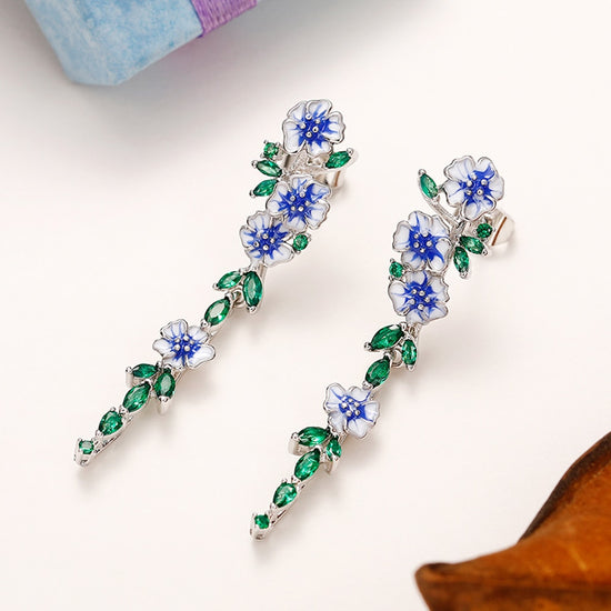 Load image into Gallery viewer, Vintage Enamel Flower Dangle Jewelry  Blue Trumpet Flower Long Earrings
