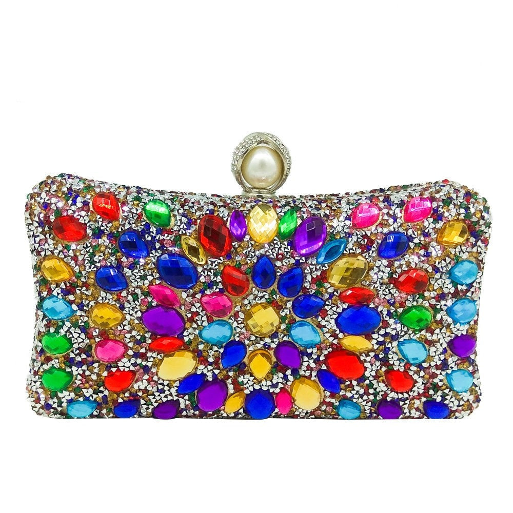 Pearl Clasp Colorful Rhinestone Handbag Crystal Clutch Evening Bag
