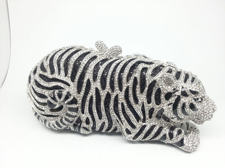 Gold Tiger Clutch Minaudiere Evening Bag Diamond Crystal Party  Purse