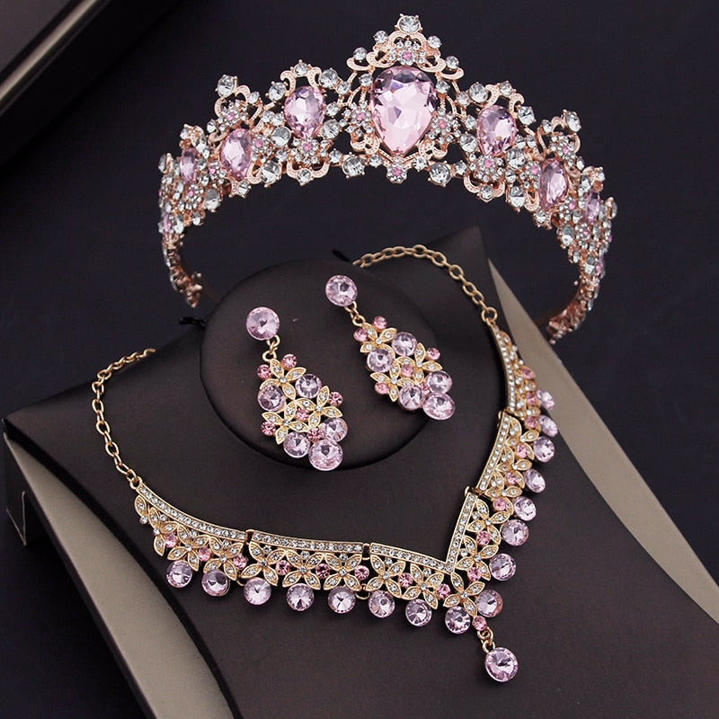 Luxury Crystal Bridal Jewelry Sets Women popular Fashion Tiaras Earrings Flower Necklace