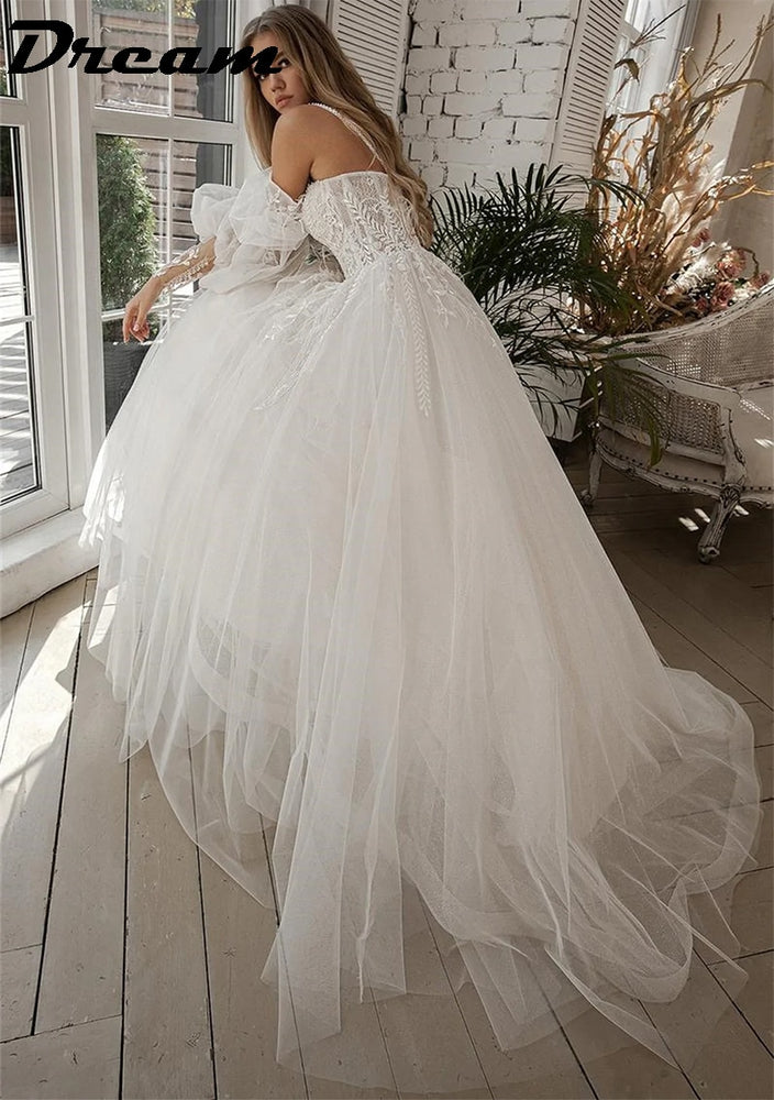 
                      
                        Lace Tulle Boho Wedding Dress Off The Shoulder Sleeve Sweetheart Bridal Gown
                      
                    