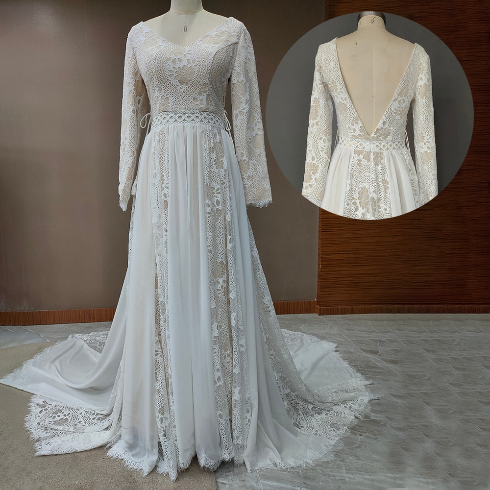 Boho Beach Long Sleeve Chiffon Lace Wedding Bridal Gown