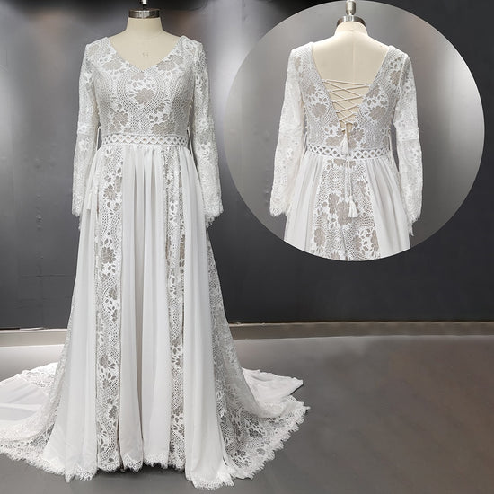 Boho Beach Long Sleeve Chiffon Lace Wedding Bridal Gown