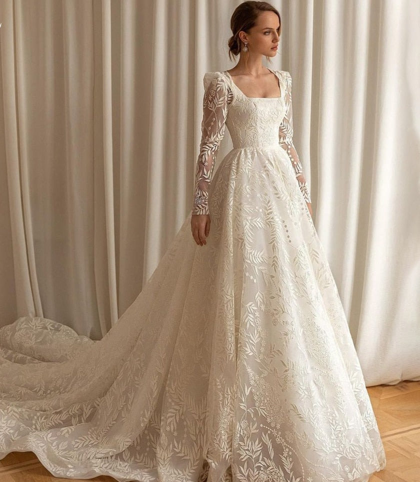 Load image into Gallery viewer, Lace A Line Princess Wedding Dress Long Sleeves  Square Collar Bridal Gown
