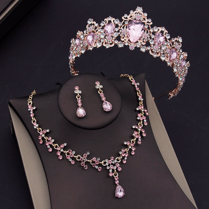 Load image into Gallery viewer, Luxury Pink Crystal  Jewelry Sets for Women Tiara Necklace &amp;amp; Earrings 4 Styles
