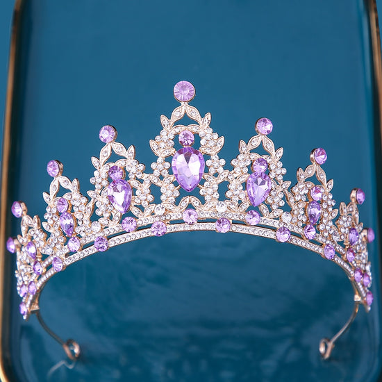 Load image into Gallery viewer, Rose Red Pink Purple Crystal Hair Crown Tiara Princess Rhinestone Hair Ornaments
