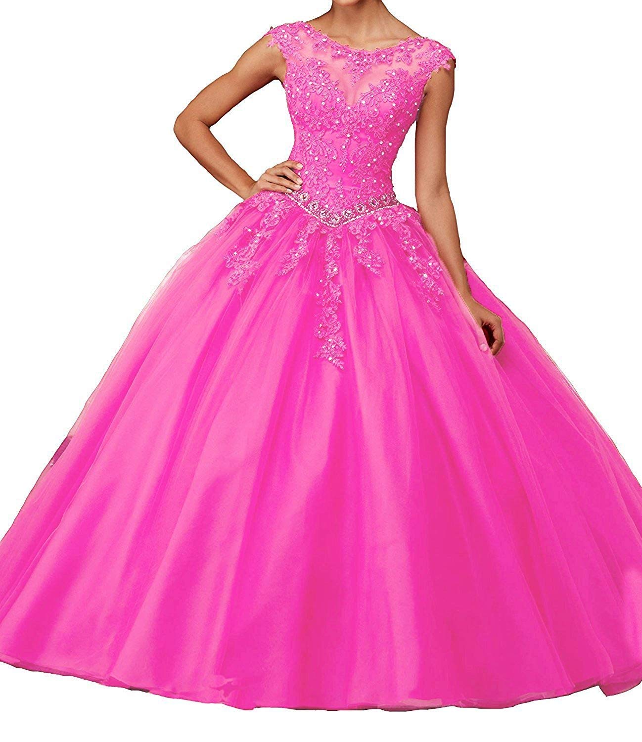 Load image into Gallery viewer, Quinceañera Beaded Scoop Neck Lace Sweet 16 Birthday Dress
