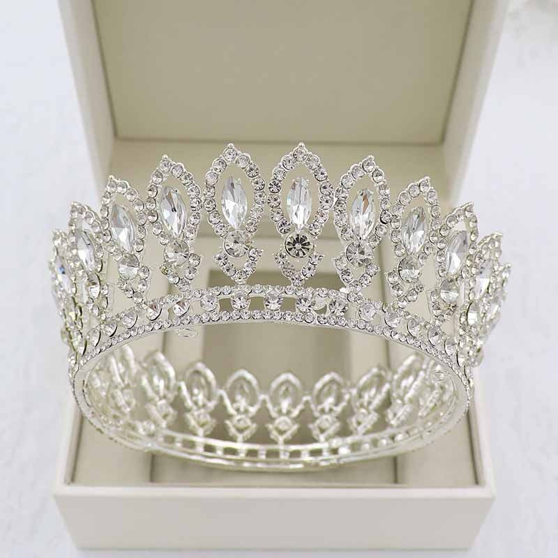 Vintage Royal Crystal Rhinestone Full Round Crown Hair Tiara Accessory Silver White