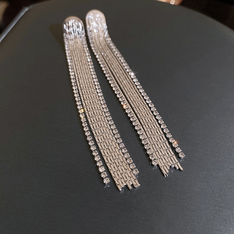 Tassel Silver Rhinestones Long Chain Earrings Silver / One Size